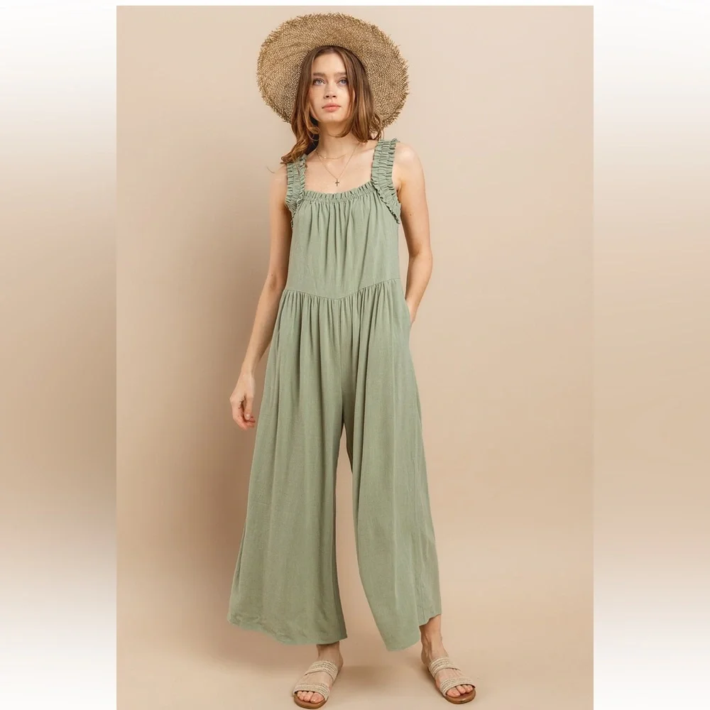 18 Solid Ruffle Strap Wide Leg Jumpsuit - Picture 4 of 9